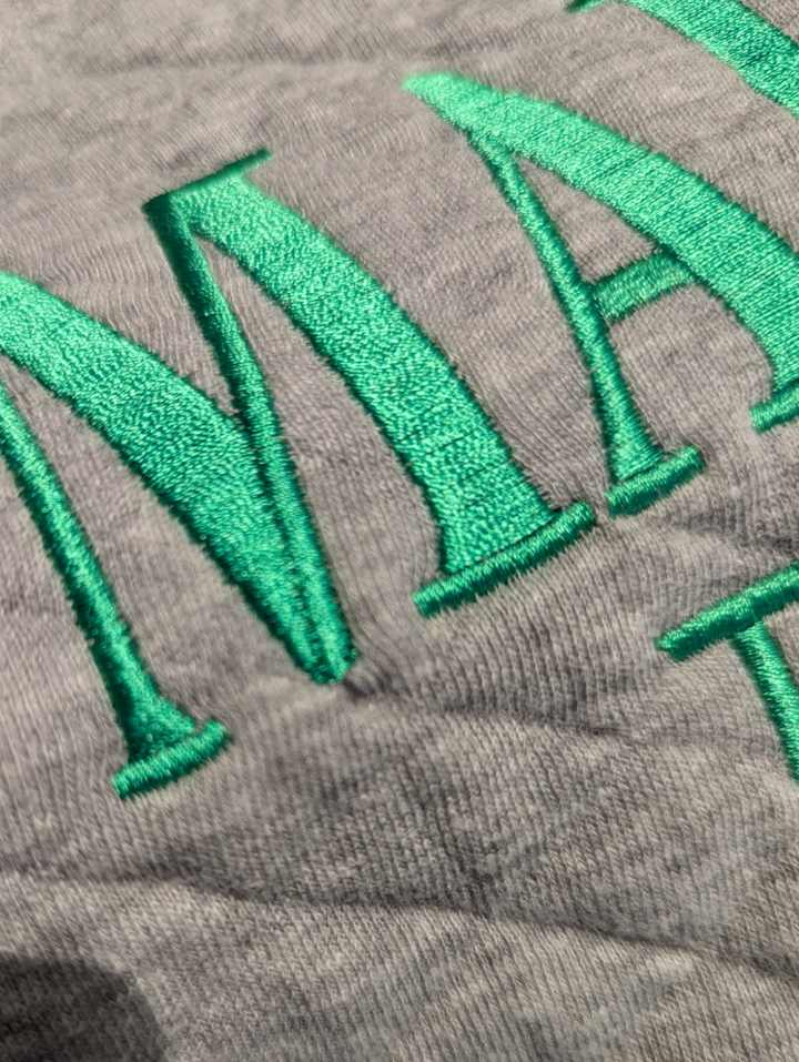 close up of the funnel neck embroidery