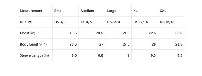 Size chart for clothing with measurements in US sizes, chest, body length, and sleeve length.