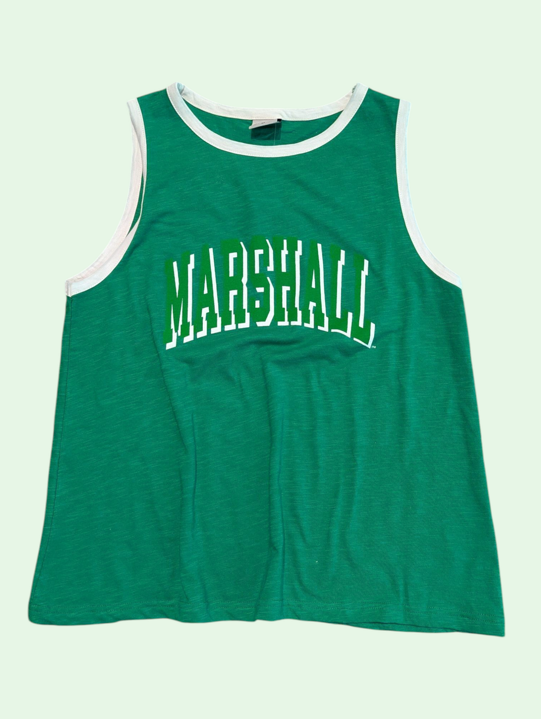 Green tank top with 'MARSHALL' text on a light green background