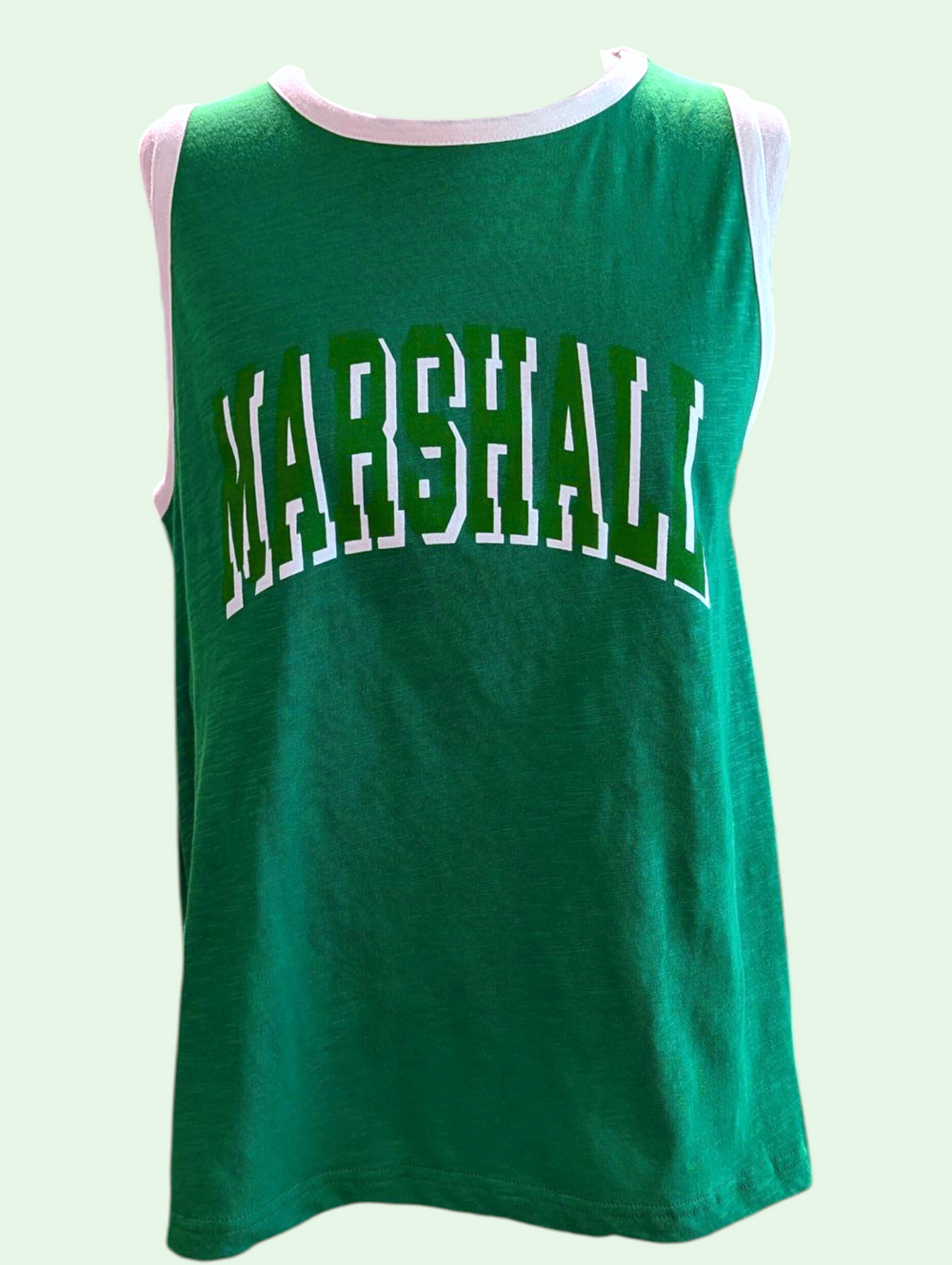 Green tank top with 'MARSHALL' printed on it against a light green background
