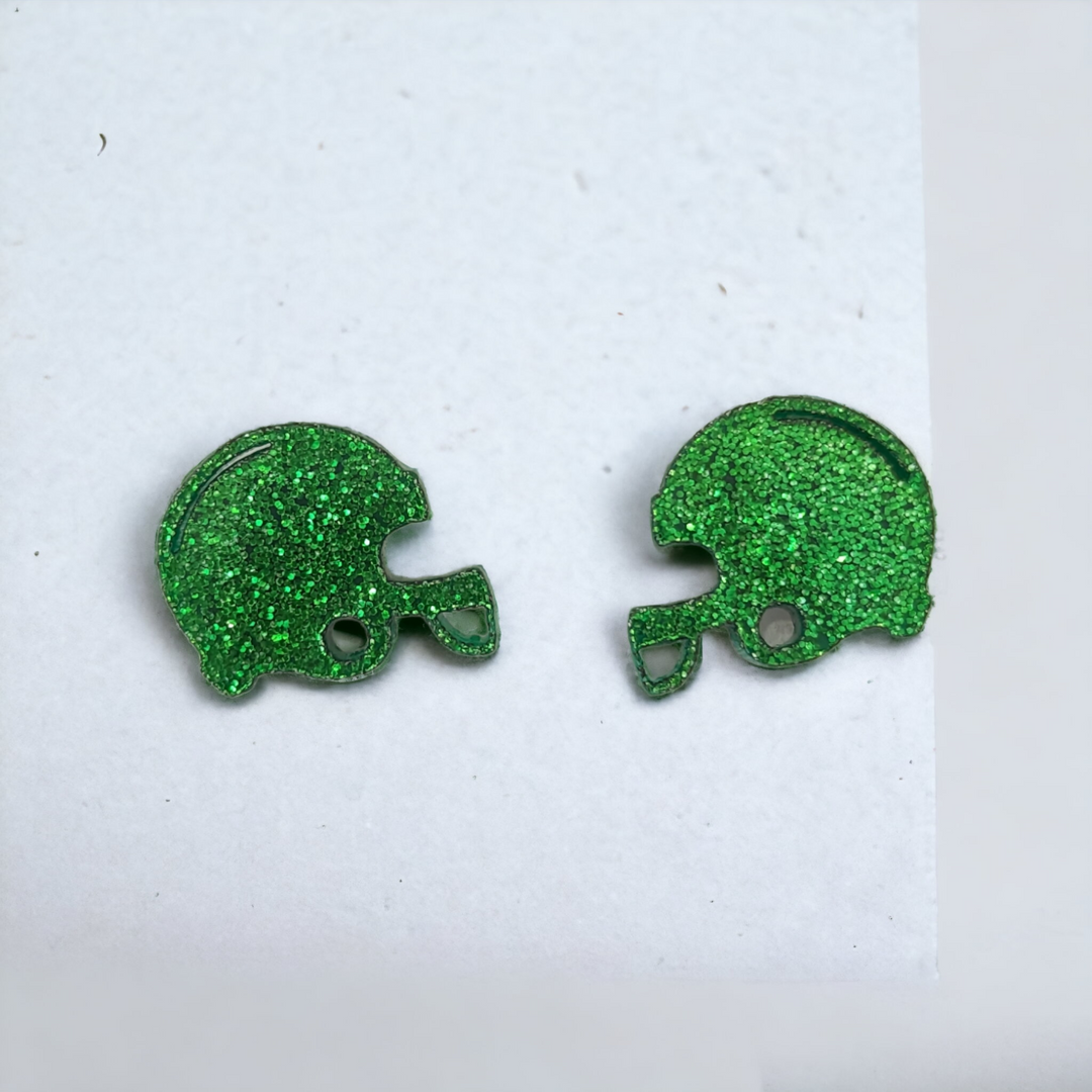 wee green glitter acrylic football helmet shaped stud earrings 
