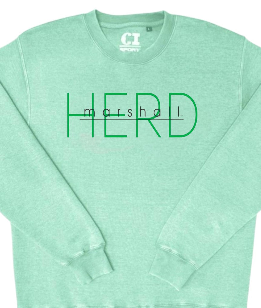 Mint green sweatshirt with 'HERD' and 'marshall' text on a white background
