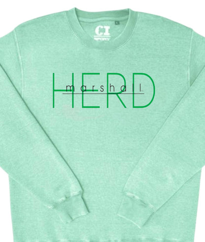 Mint green sweatshirt with 'HERD' and 'marshall' text on a white background