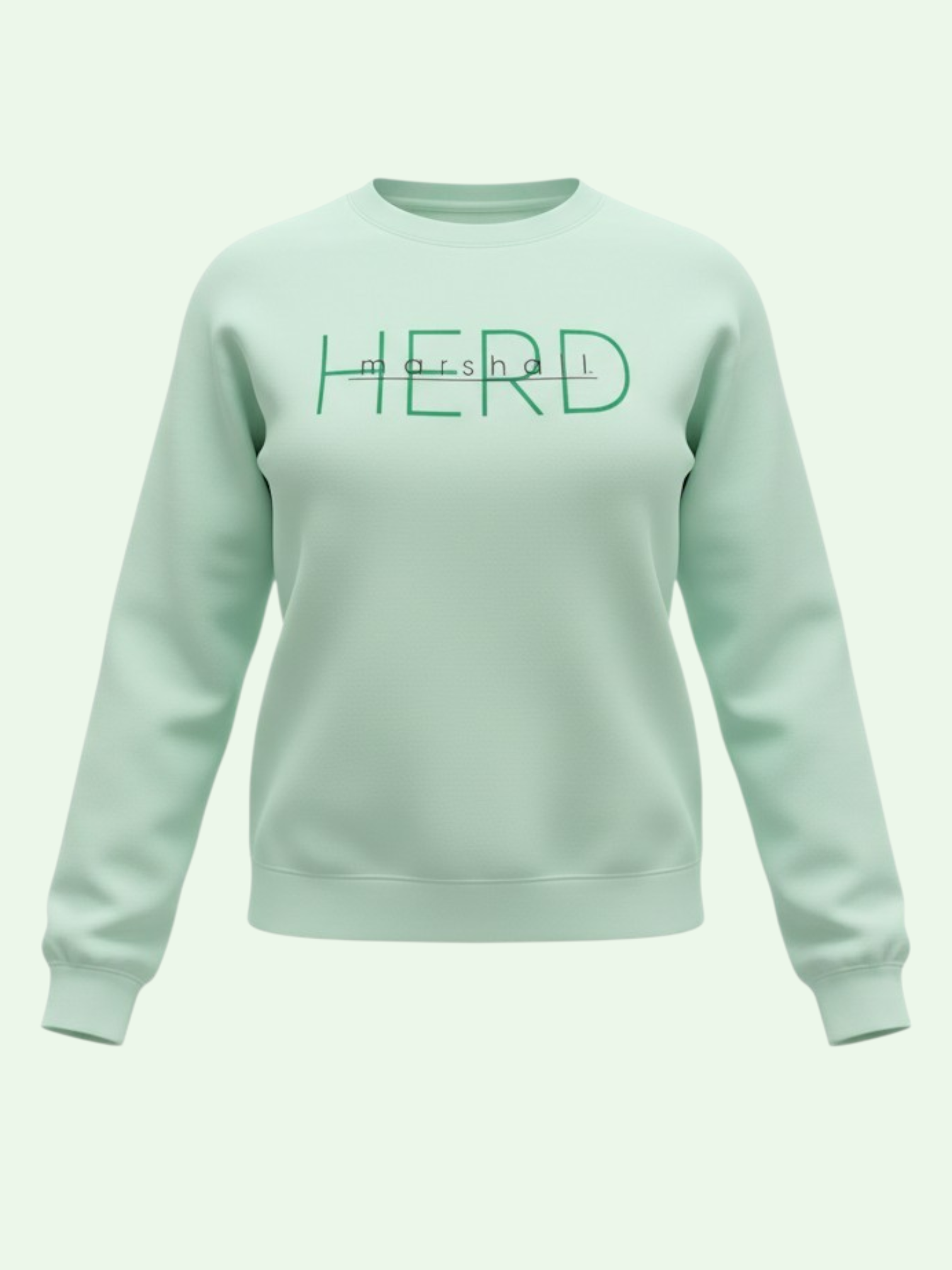 Mint green sweatshirt with 'HERD' text on a light gray background