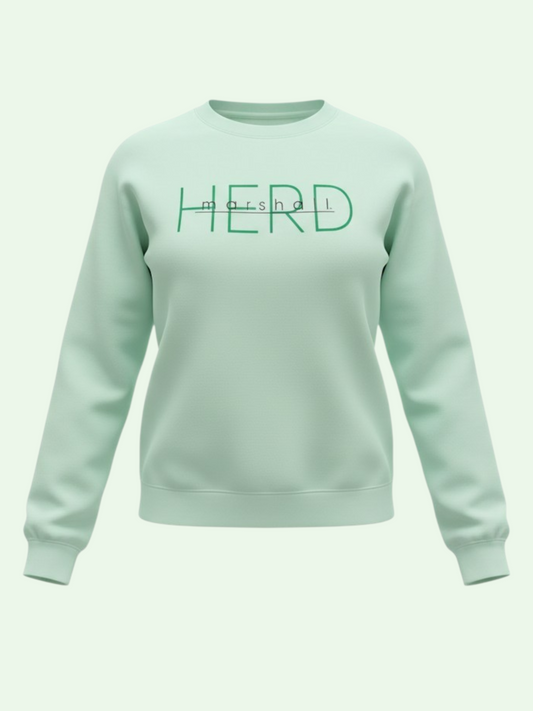 Mint green sweatshirt with 'HERD' text on a light gray background