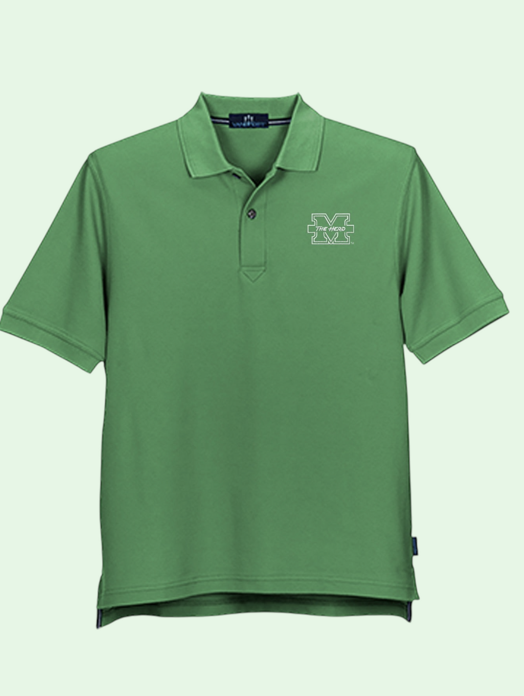 Green polo shirt with a logo on a light gray background