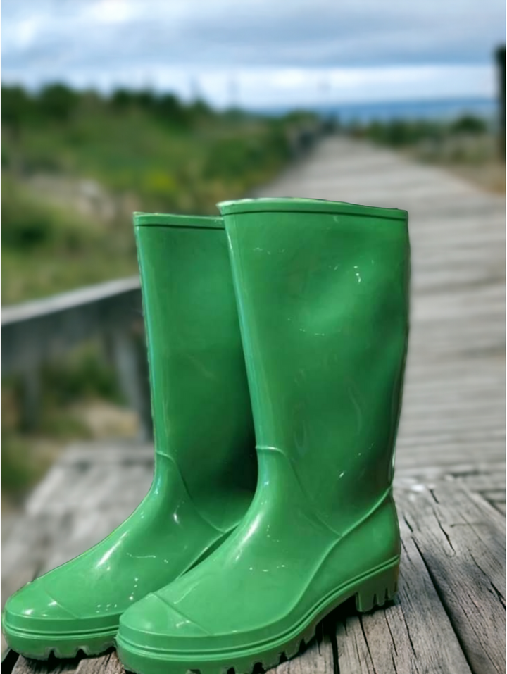 a pair of green rain boots are on a wooden boardwalk with a body of water in the distance