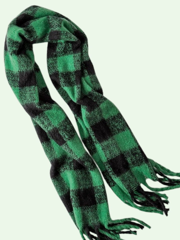 a studio of the green and black plaid scarf