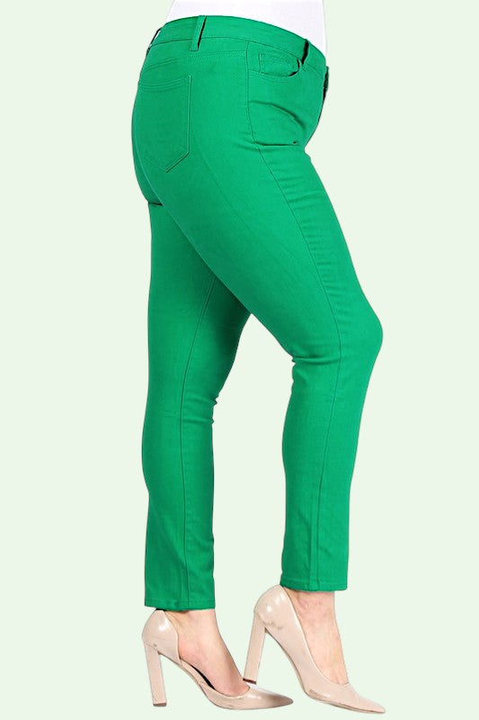 Green pants worn by a person on a light green background