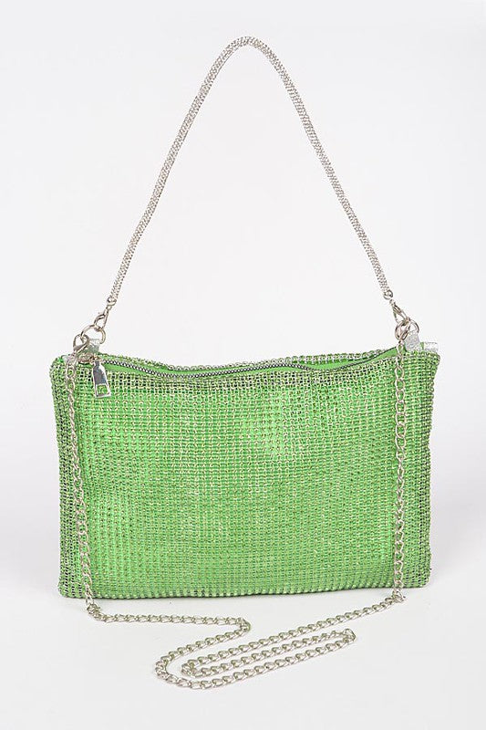 the chain evening bag is shown with both of its chains.