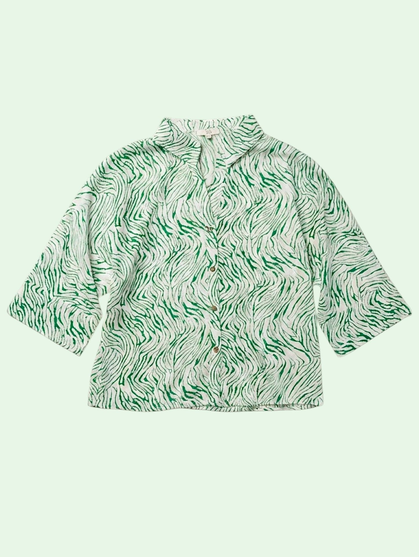 Green patterned blouse on a light green background