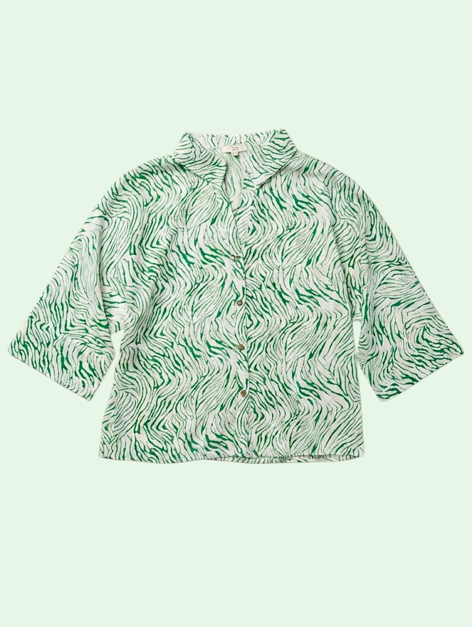 Green patterned blouse on a light green background
