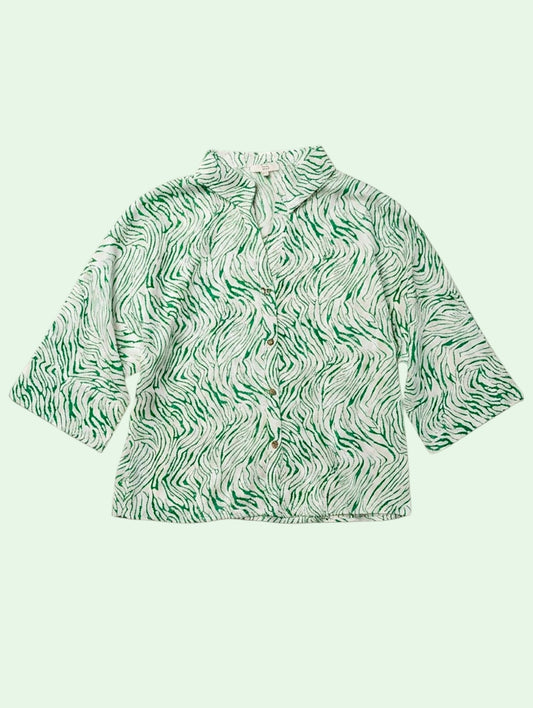 Green patterned blouse on a light green background