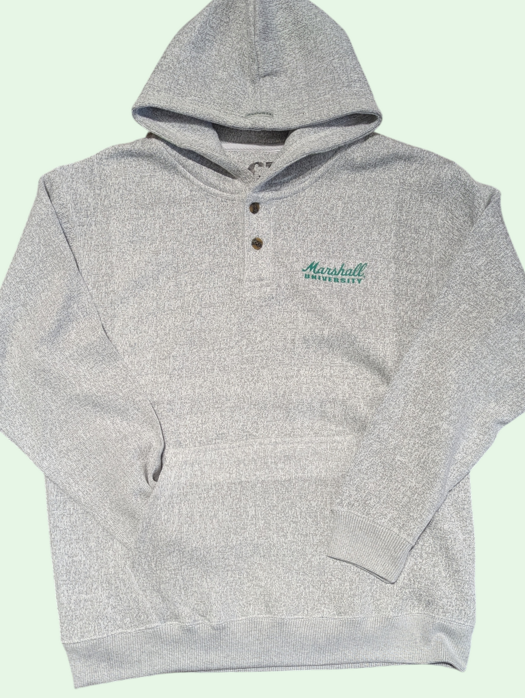 Gray hoodie with 'Marshall University' logo on a light green background