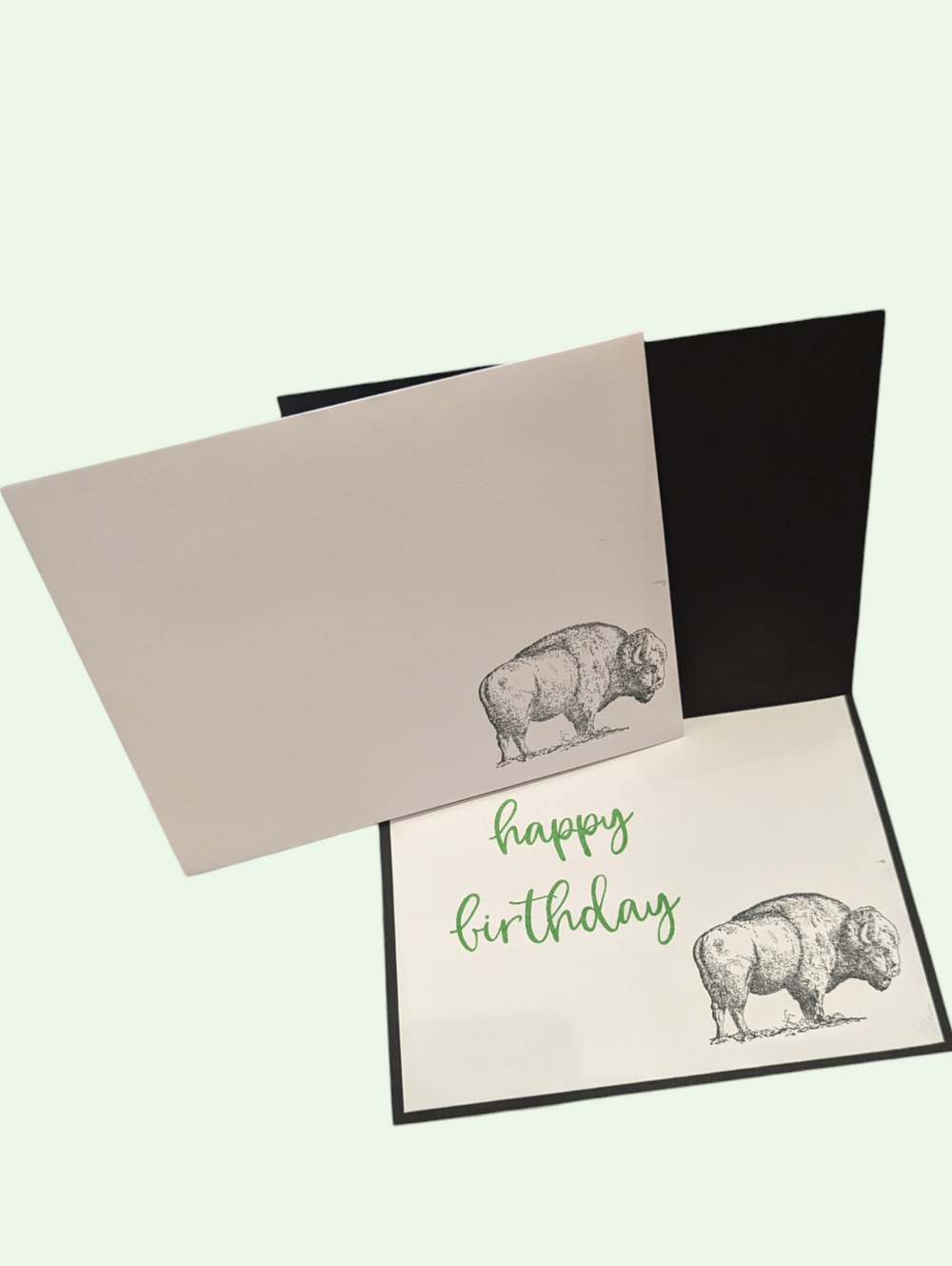 the inside of the card showing a stamped  bison and happy birthday in green script