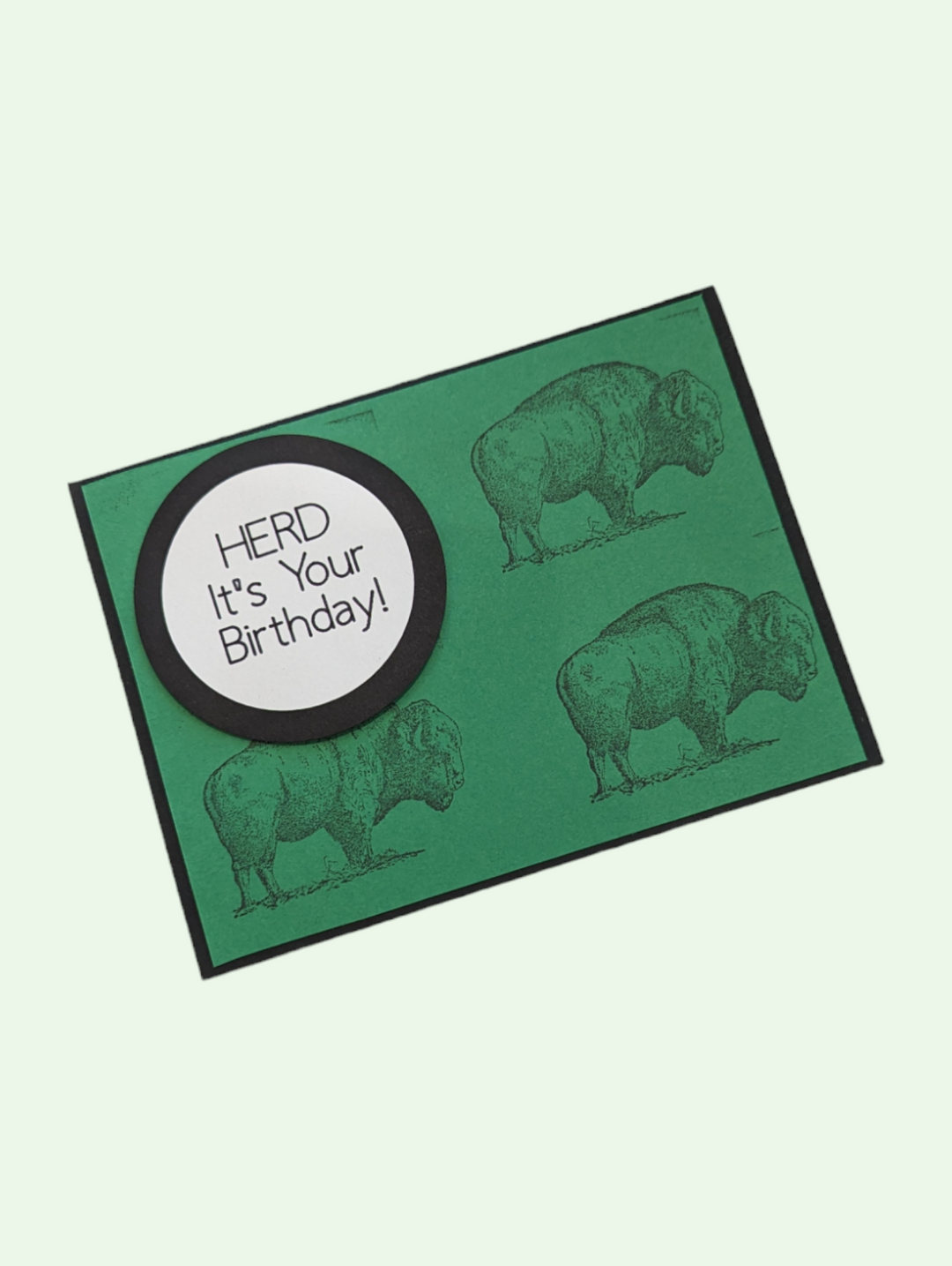 a green  greeting card covered with bison and a medallion that says herd its your birthday