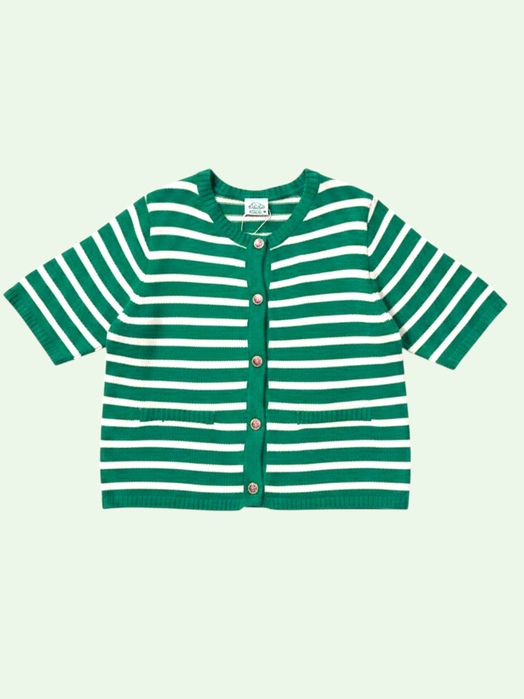 A short-sleeve knit cardigan with horizontal green and white stripes, featuring a button-up front with wooden buttons, shown on a pale green background.