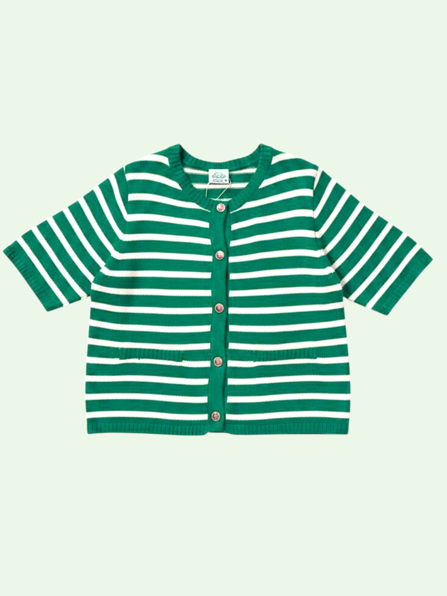 A short-sleeve knit cardigan with horizontal green and white stripes, featuring a button-up front with wooden buttons, shown on a pale green background.