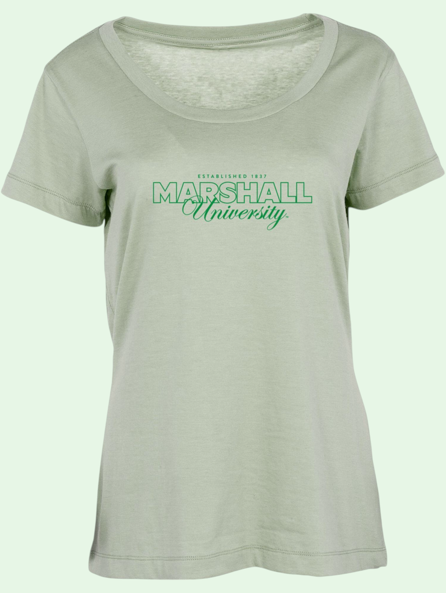 Light green t-shirt with 'Marshall University' printed in green on a white background
