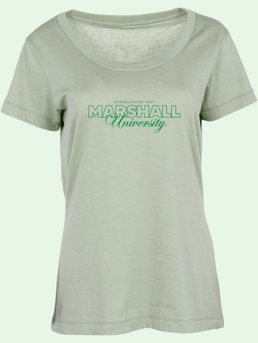 Light green t-shirt with 'Marshall University' printed in green on a white background