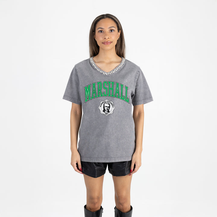 Person wearing a gray 'Marshall' t-shirt on a white background