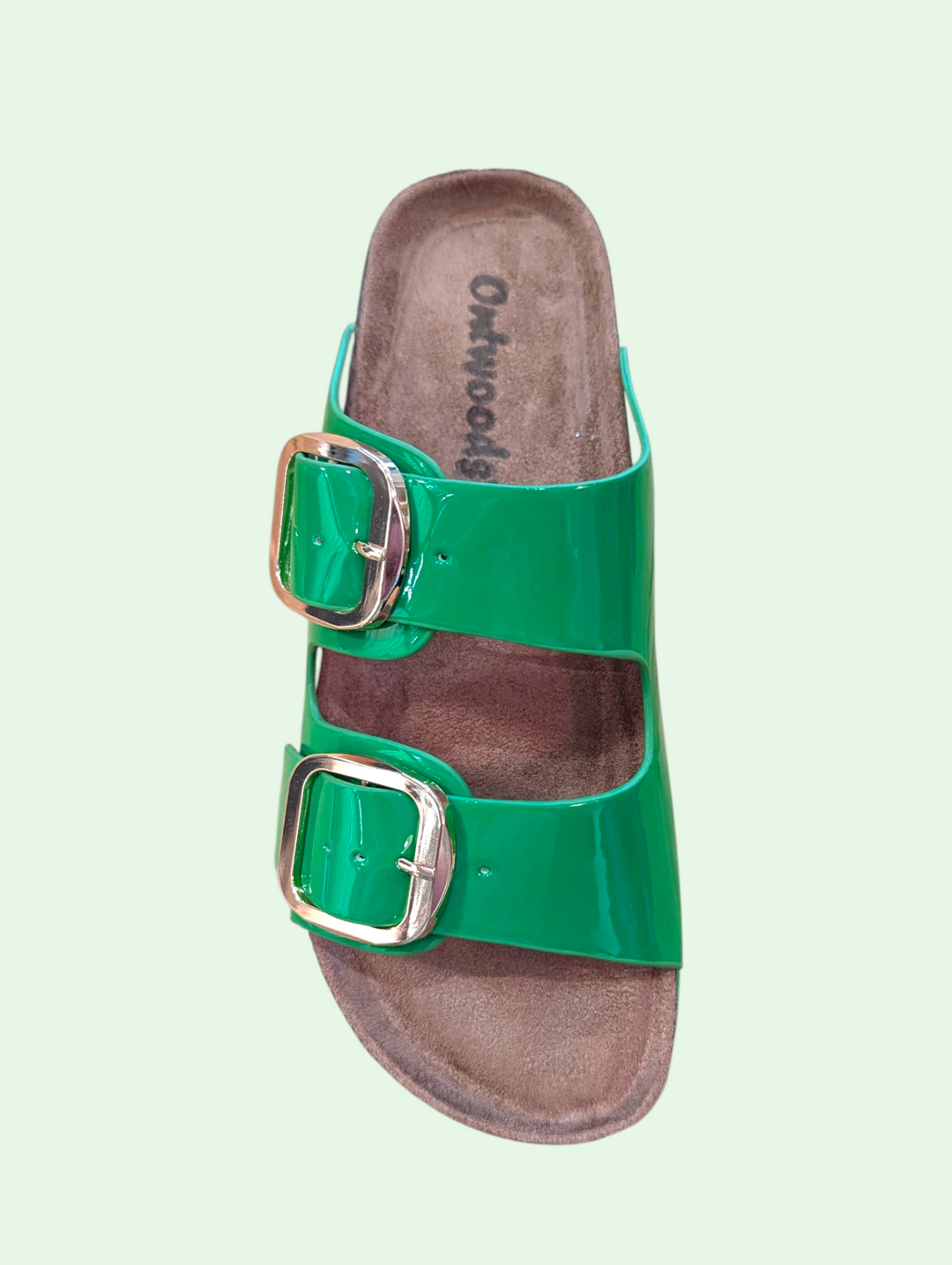 Green sandal with buckles on a light green background