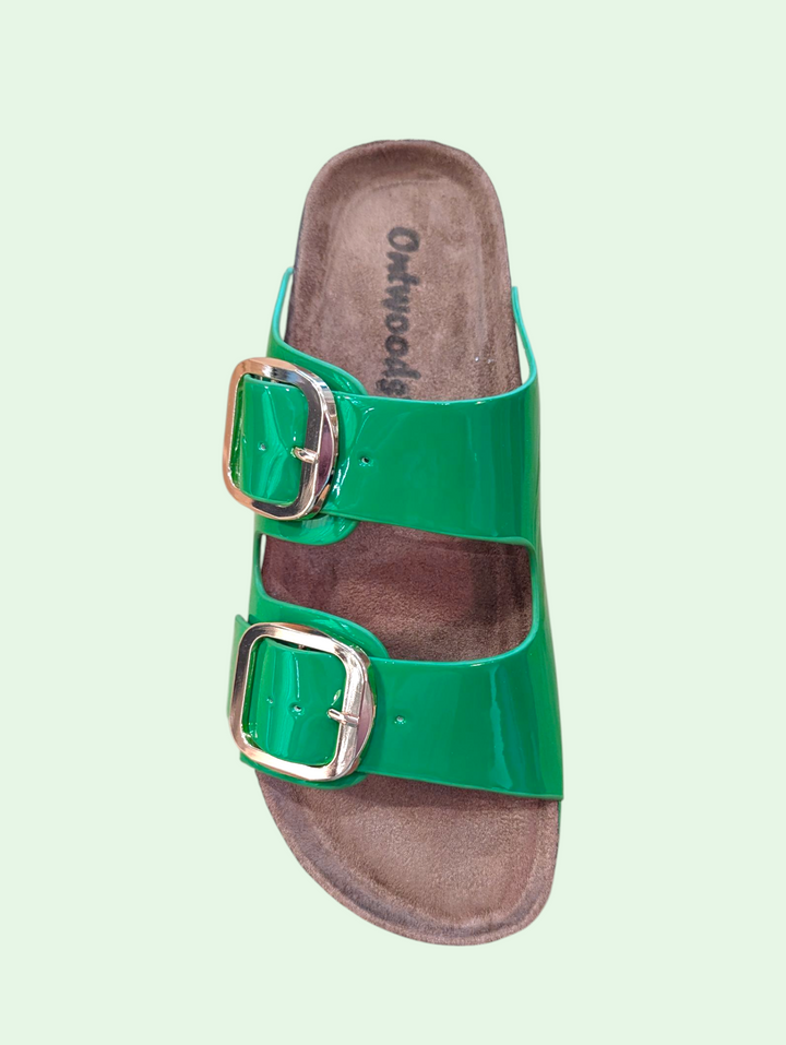 Green sandal with buckles on a light green background