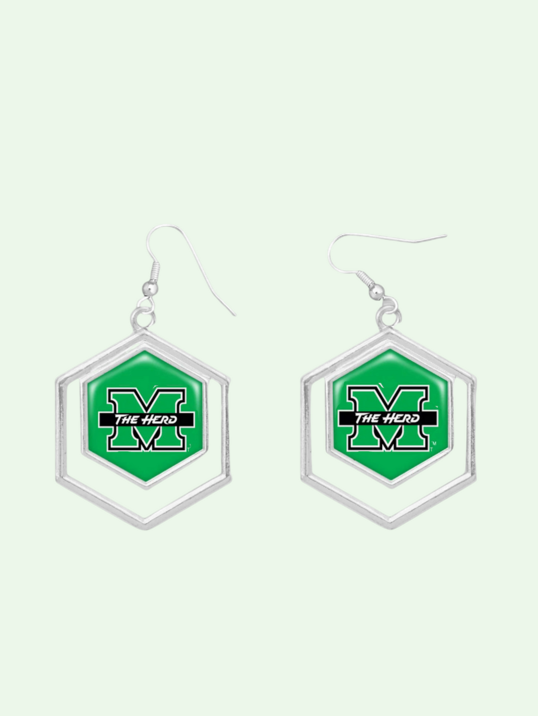 Hexagonal earrings with green and black herd logo on a white background