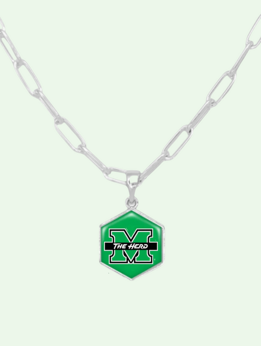 Necklace with a green hexagonal pendant featuring 'The Herd' logo on a white background