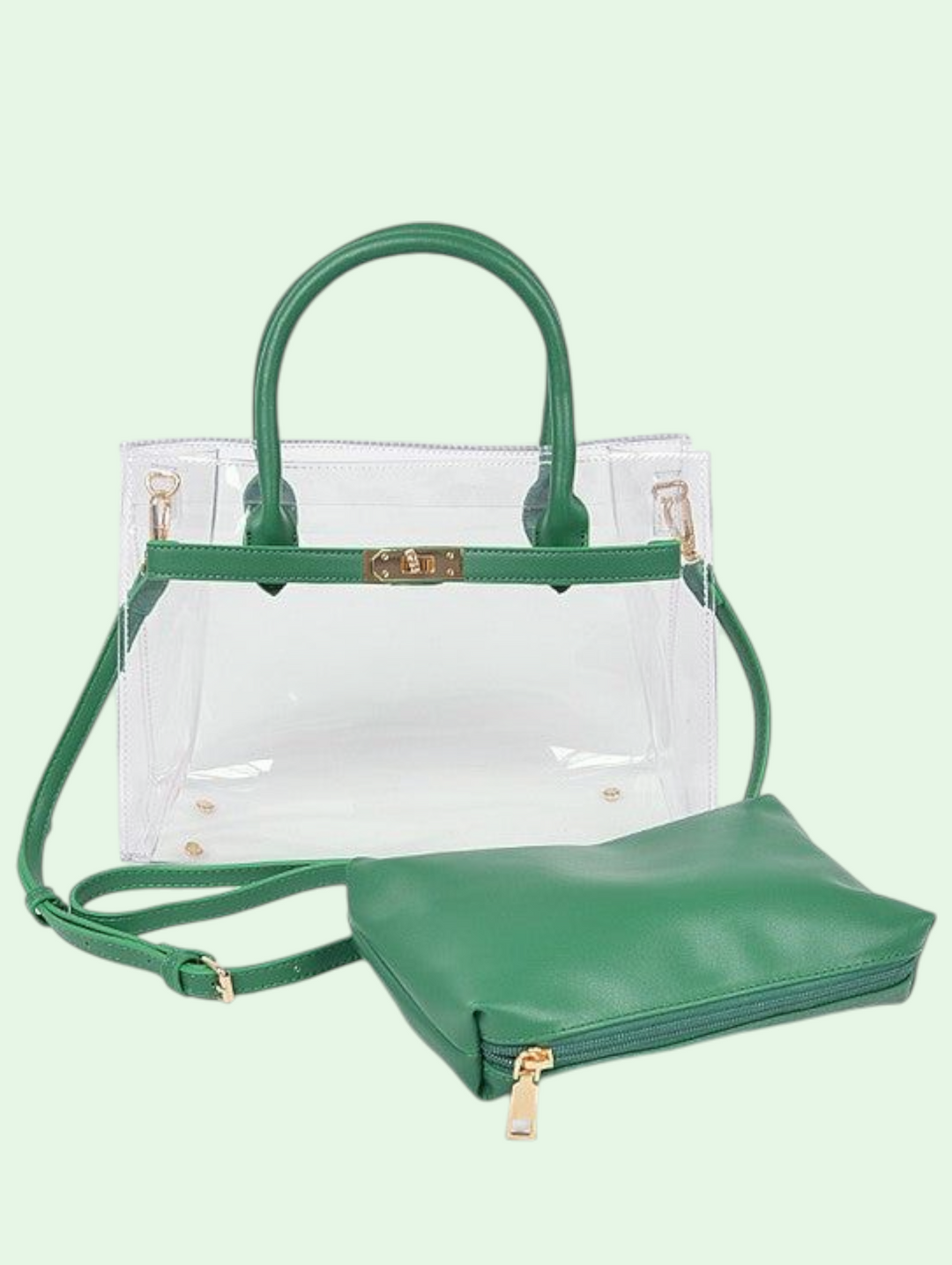Green handbag with clear pouch on a light green background