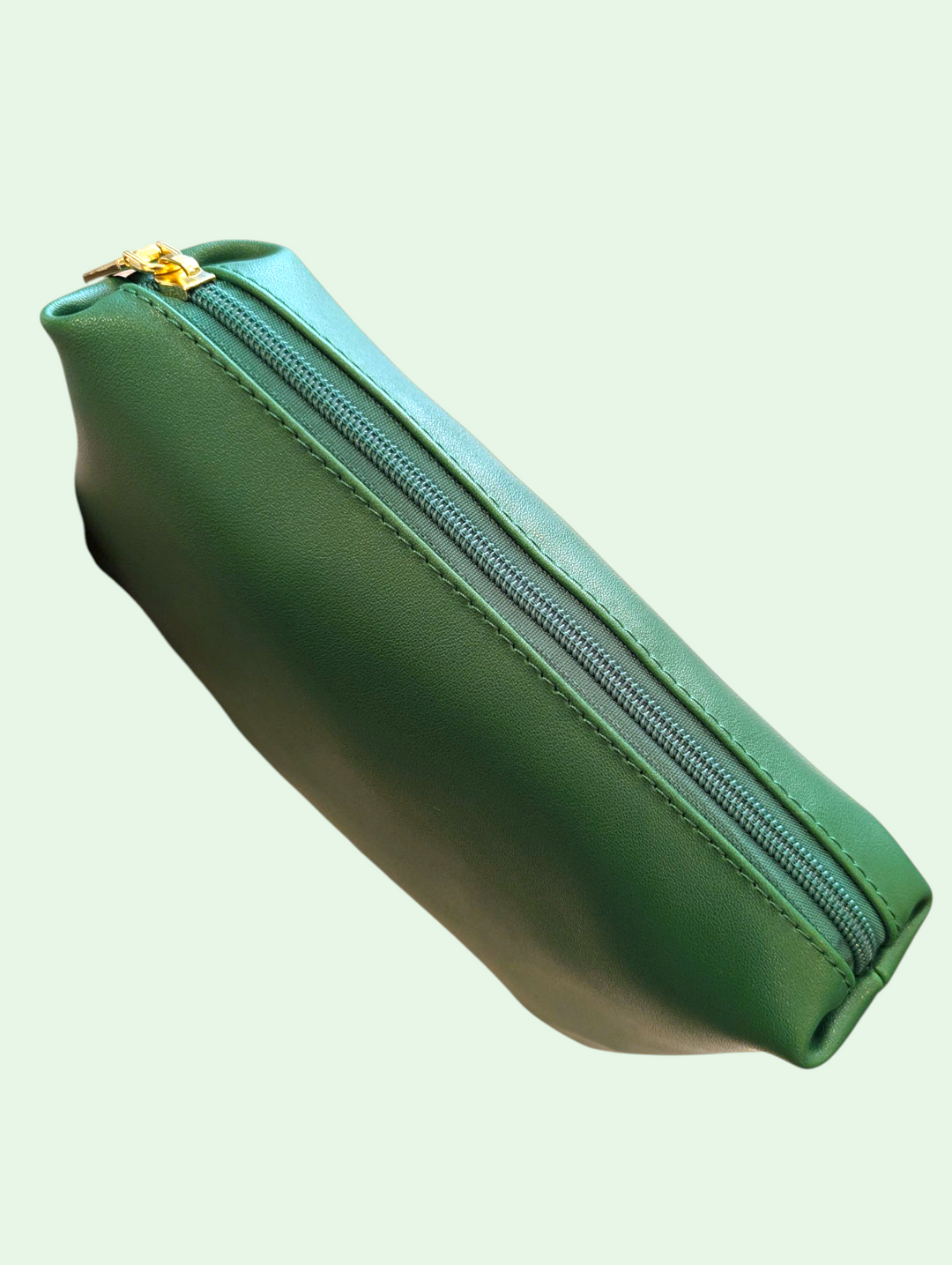 Green leather pencil case with a gold zipper on a light green background