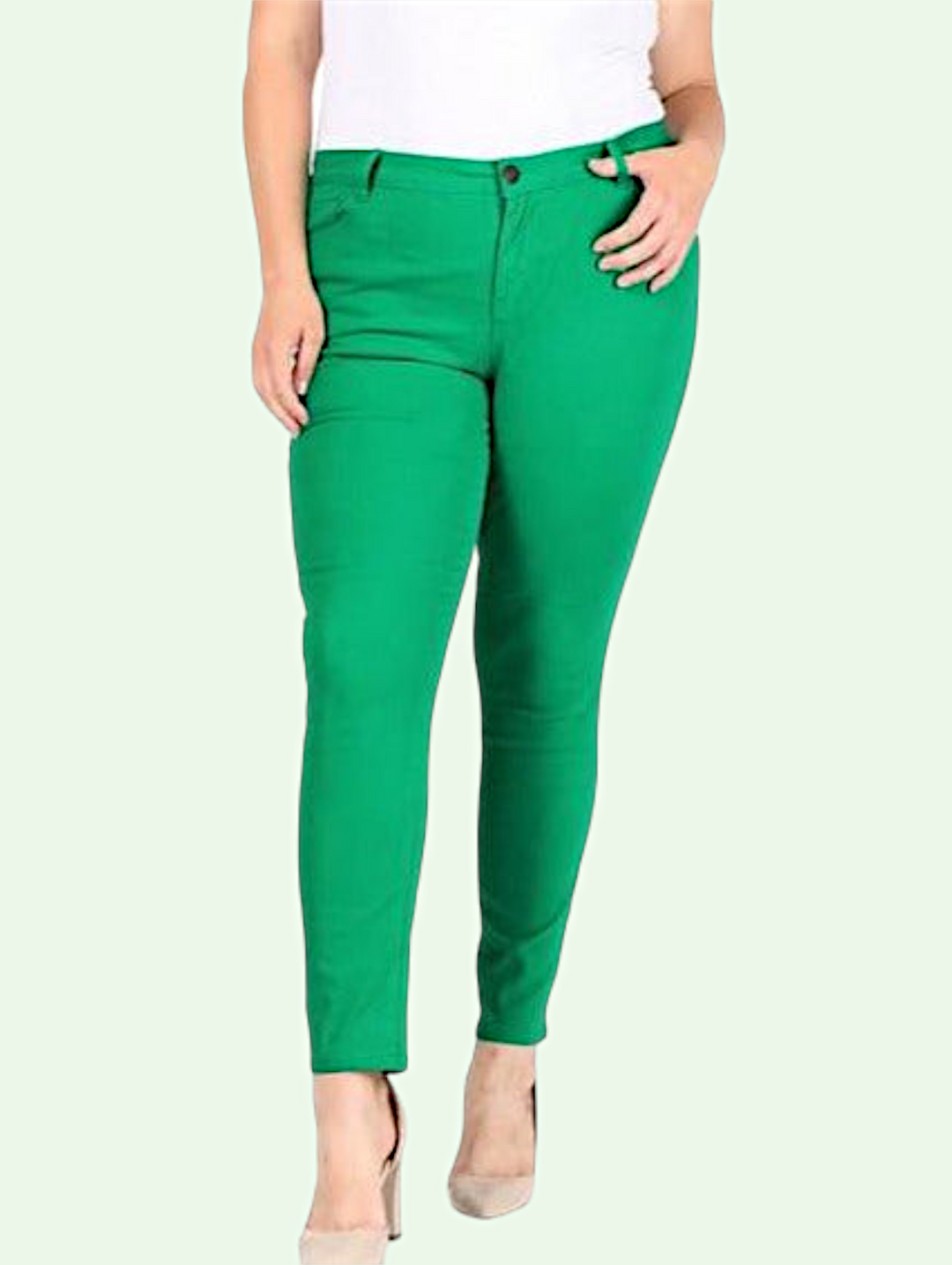 a closer shot of the kelly green stretch jeans