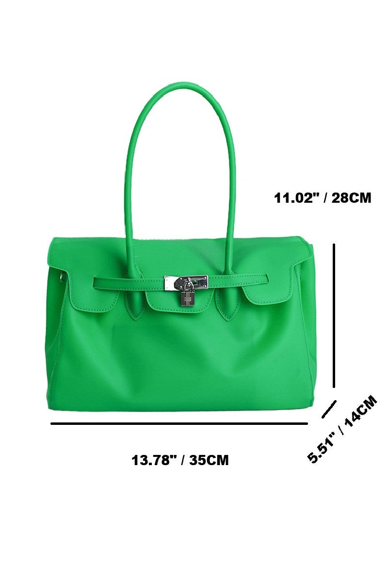A bright green leather handbag with dual top handles and a silver-tone front clasp, shown on a white background with black dimension lines and text indicating measurements of 13.78 inches wide, 11.