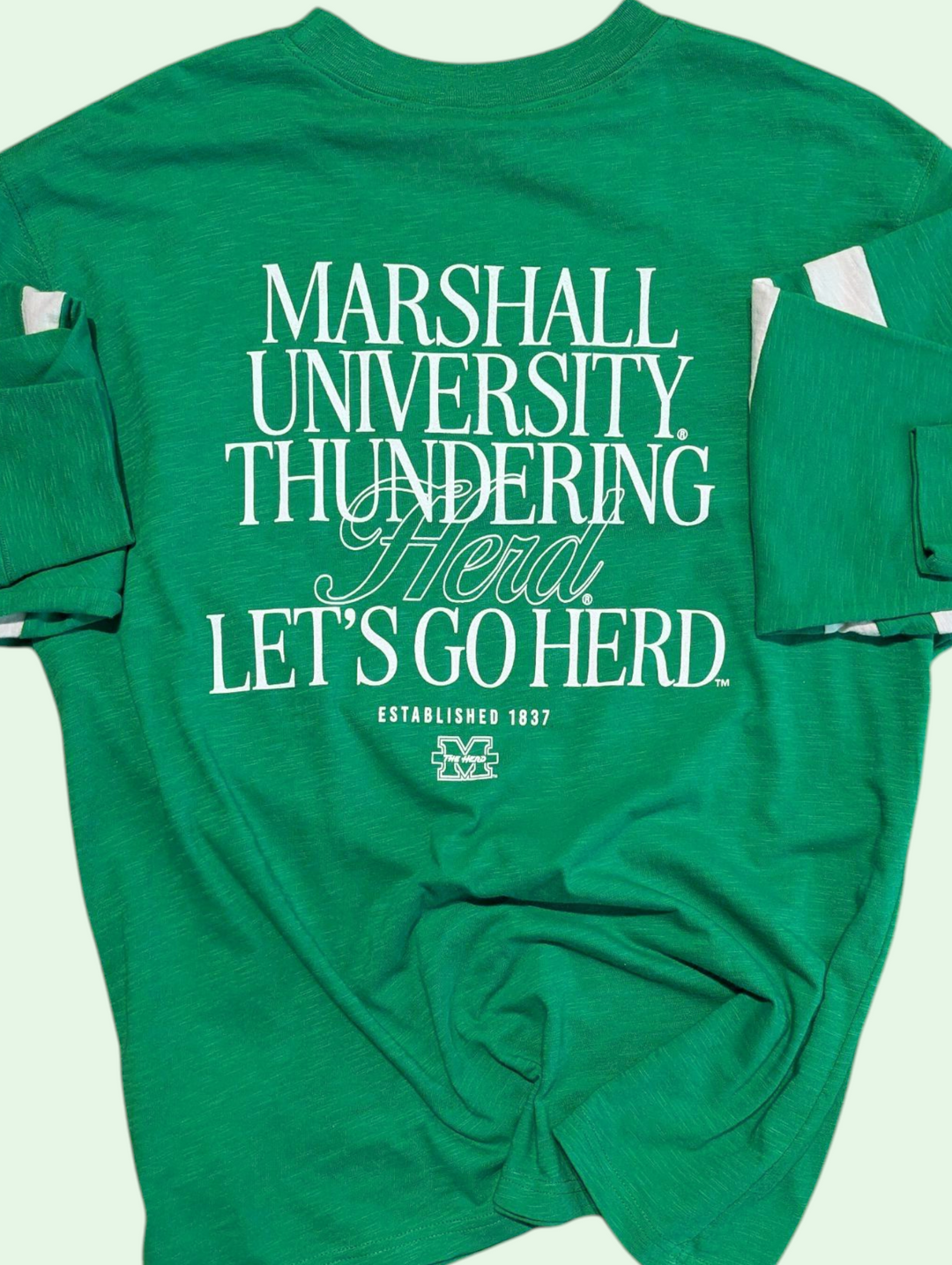 Green t-shirt with 'Marshall University Thundering Herd Let's Go Herd' text on a white background