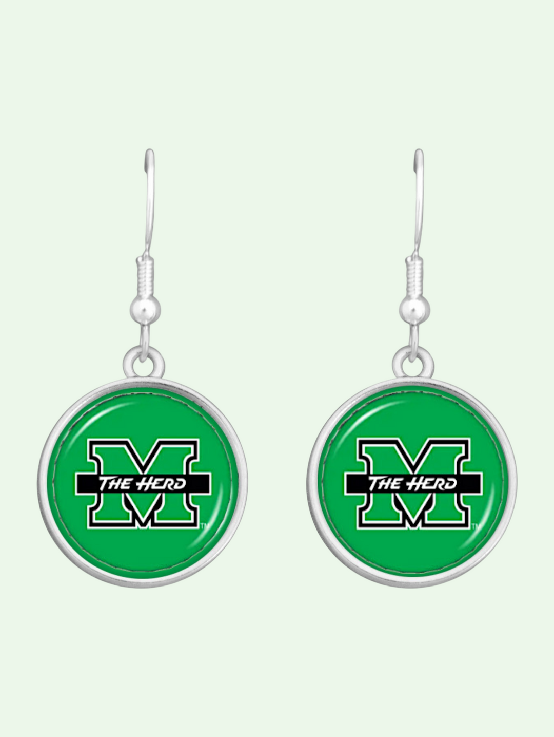 Green earrings with 'The Herd' logo on a white background