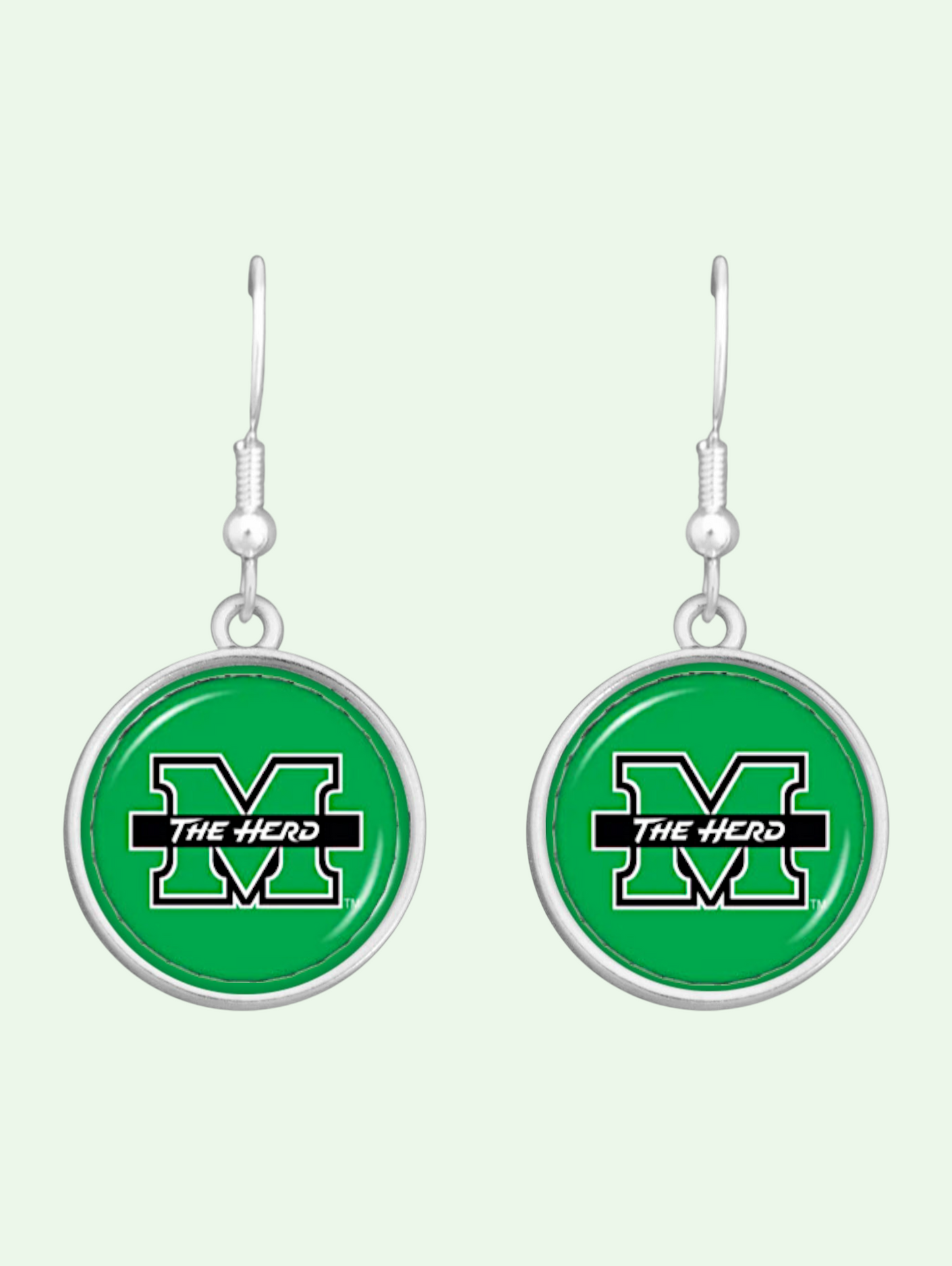 Green earrings with 'The Herd' logo on a white background