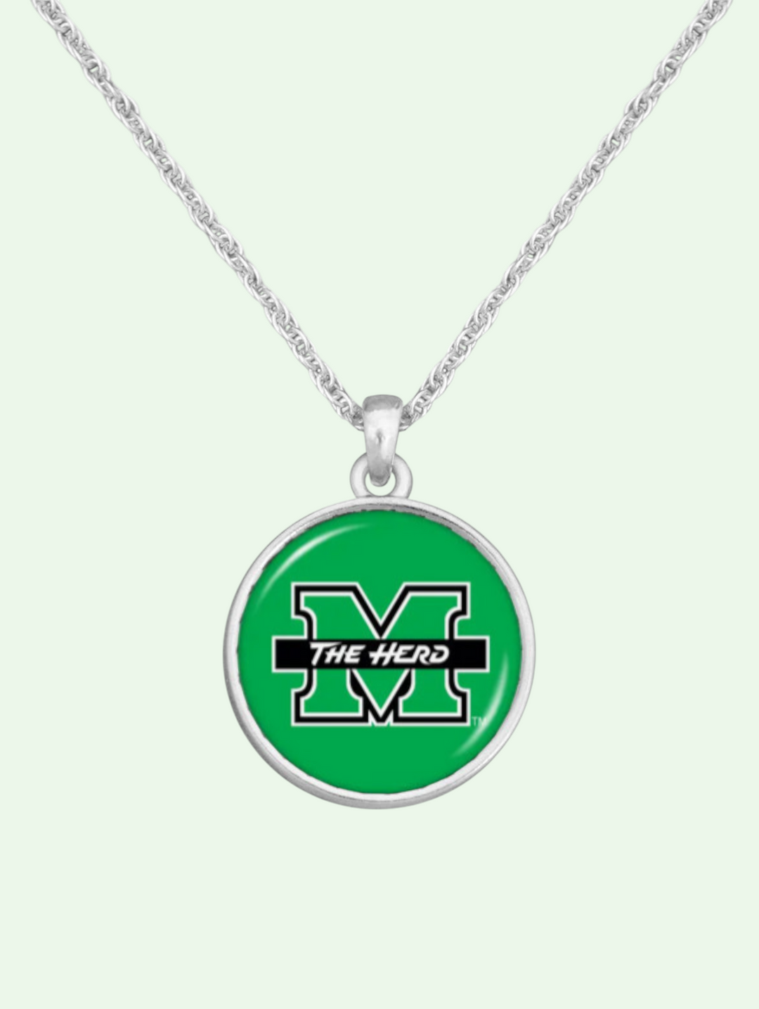 Necklace with a green pendant featuring a logo and text on a white background