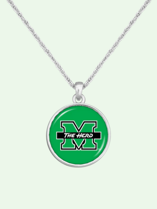 Necklace with a green pendant featuring a logo and text on a white background