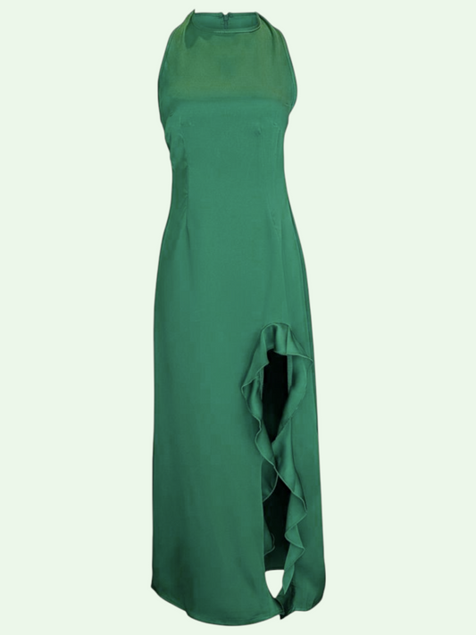 Green halter neck dress with ruffle detail on a white background