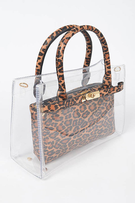 Clear handbag with leopard print pattern on a white background