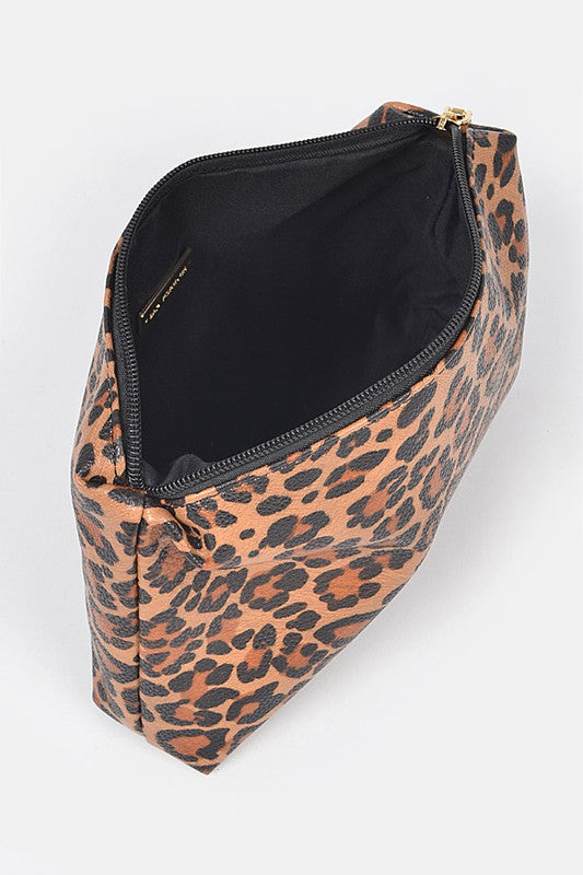 Leopard print makeup bag on a white background