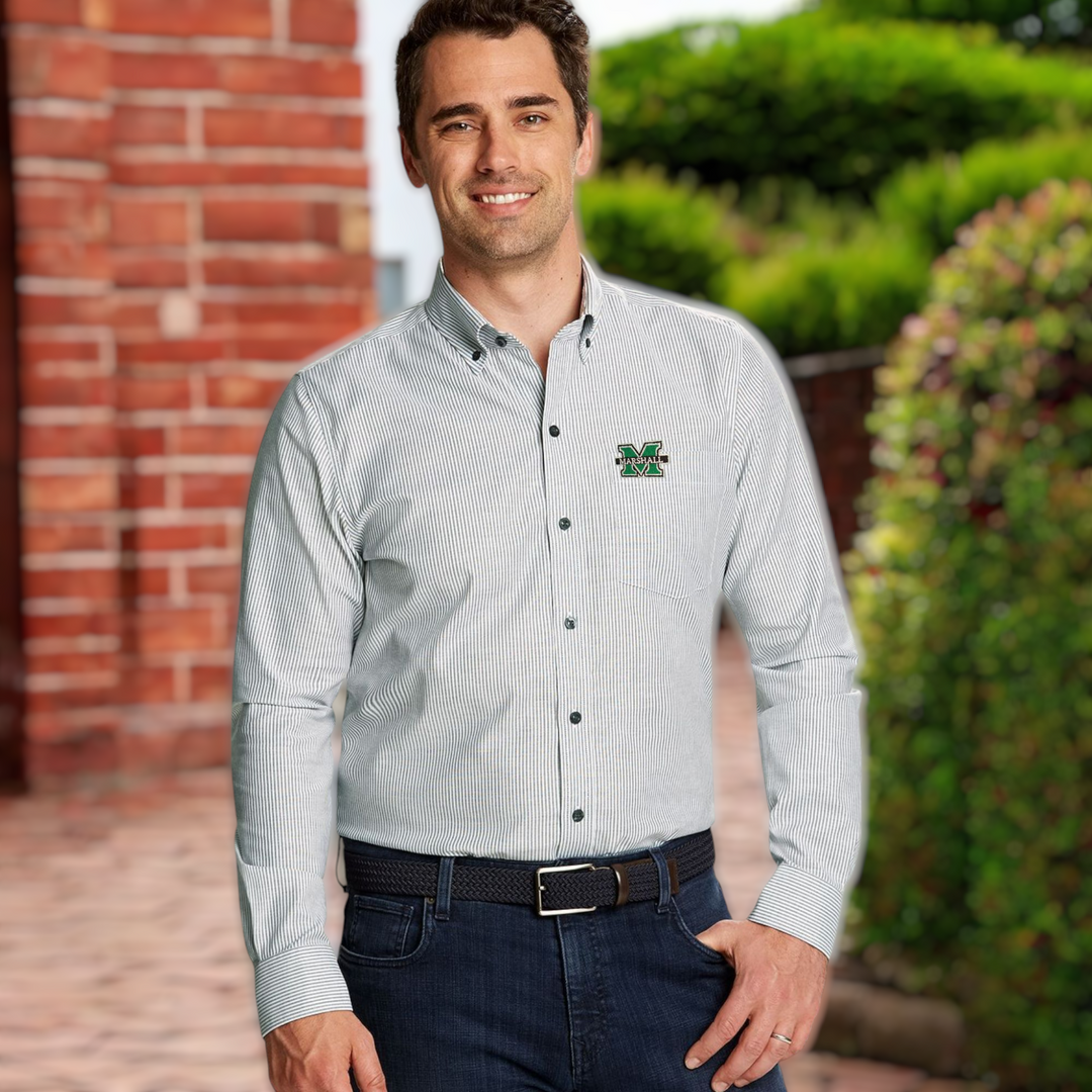 a male model in the  pinstripe shirt against a collegiate  background