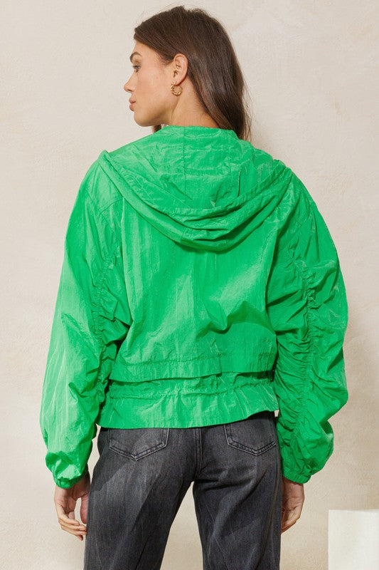 model stands with her back to the camera in a green rain jacket