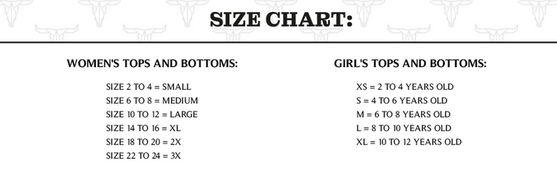 Size chart for women's and girls' tops and bottoms with size ranges.