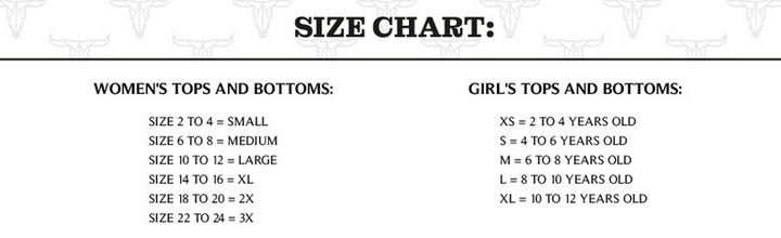 Size chart for women's and girls' tops and bottoms with size ranges.