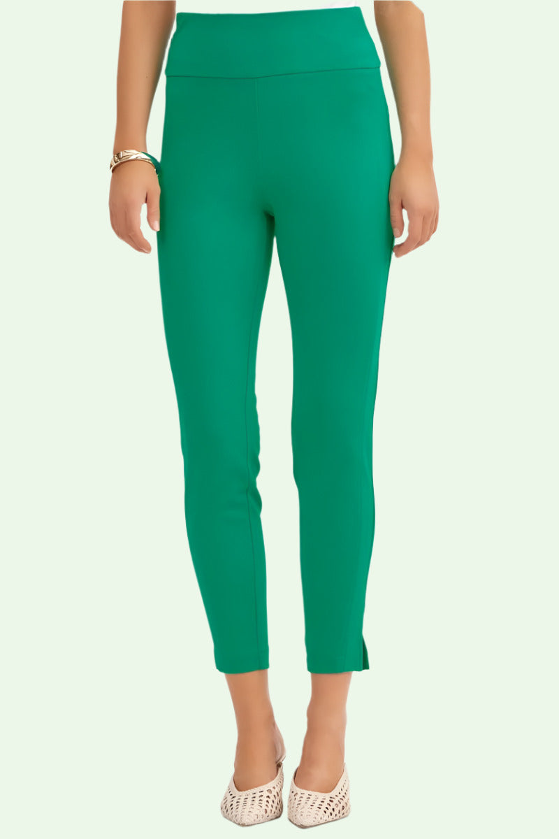 a front shot of the magic capri, shown on a model from the waist down