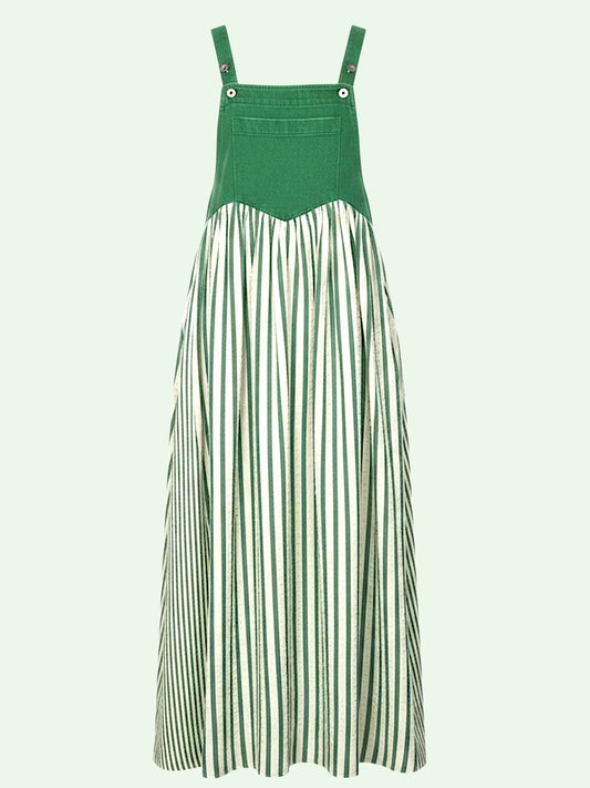 A green and white striped midi dress with a solid green bib bodice and shoulder straps, shown against a pale mint green background.