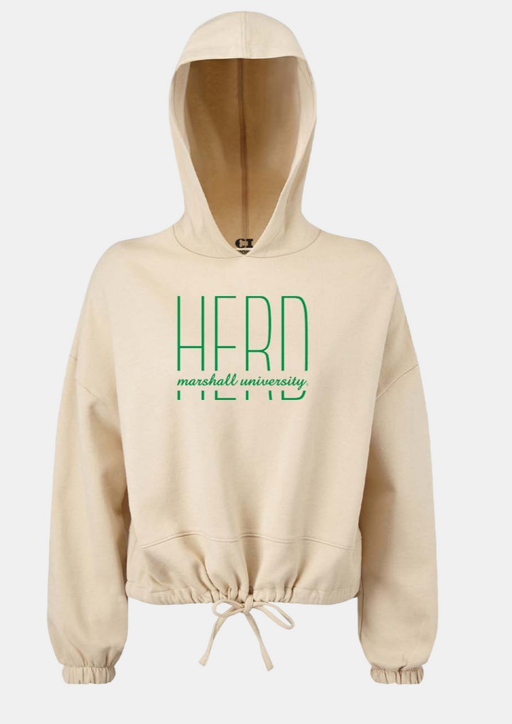3d mock up of a nude-toned hoodie with HERD Marshall University on the front