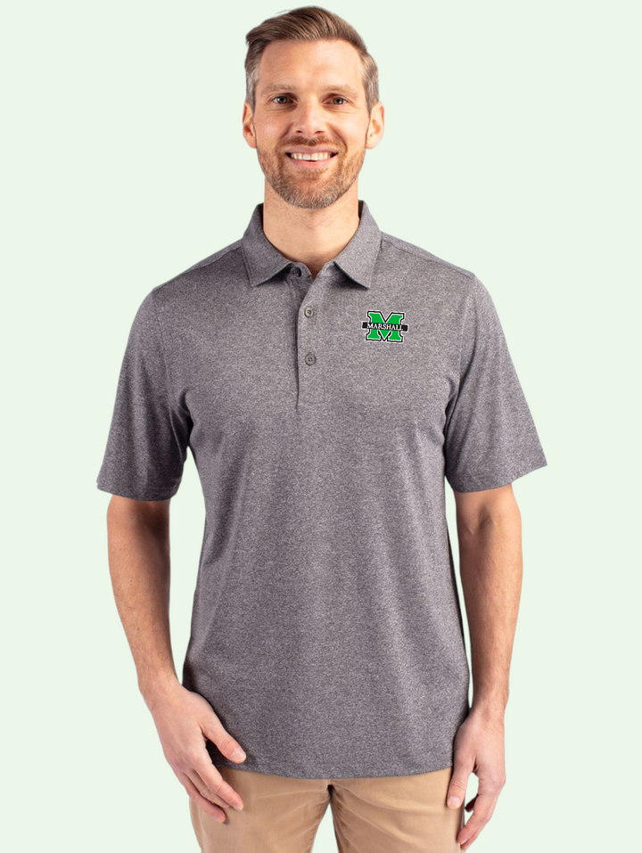 model shot of the front of the heather stretch  polo