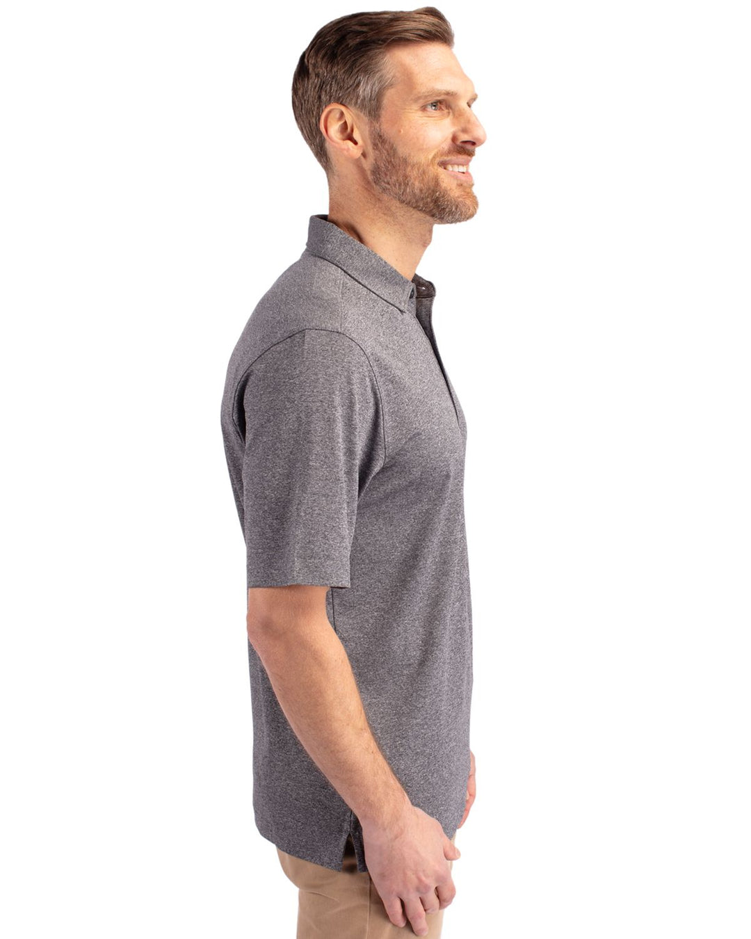 the marshall heather stretch polo on a male model shown from the side